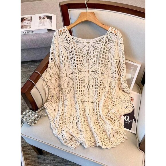 Women's Plus Size Crochet Boho Sweater Beach Cover Up Off Shoulder - Picture 2 of 7